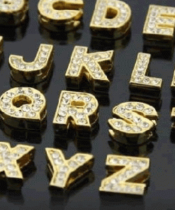 Gold 8 mm white rhinestone sliding alloy letters A to Z 10×26