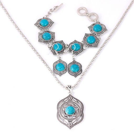 Vintage Jewelry Turquoise National Wind Earrings Necklace Bracelet Jewelry Three-Piece Set  yhy-030