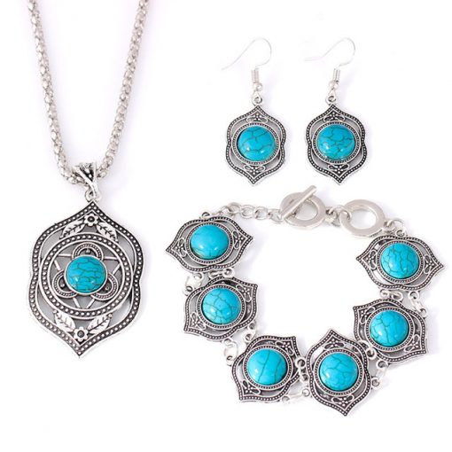 Vintage Jewelry Turquoise National Wind Earrings Necklace Bracelet Jewelry Three-Piece Set  yhy-030