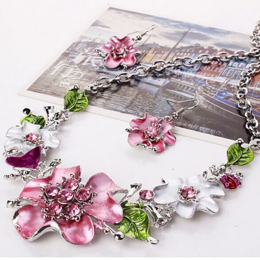 European and American fashion sweet matching necklace earrings temperament wild flower rhinestone necklace set ornament YWhy-002
