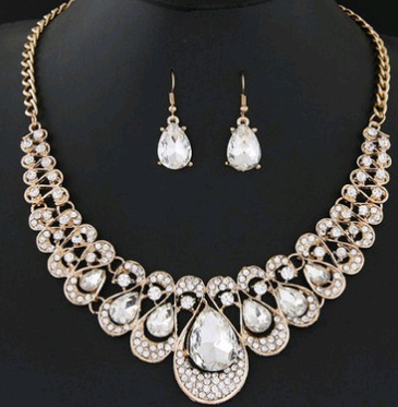 Fashion Metallic Diamond Rhinestone Gemstone Collar Necklace Earrings Color Diamond Two-piece set of water drops YWHY-018