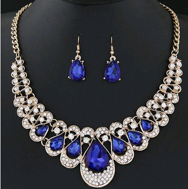 Fashion Metallic Diamond Rhinestone Gemstone Collar Necklace Earrings Color Diamond Two-piece set of water drops YWHY-018
