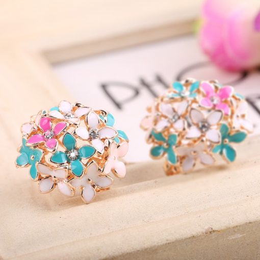 Korean fashion flower earrings Sweet two-color colorful earrings Diamond-studded color oil Stud ear clip wholesale YHY-037