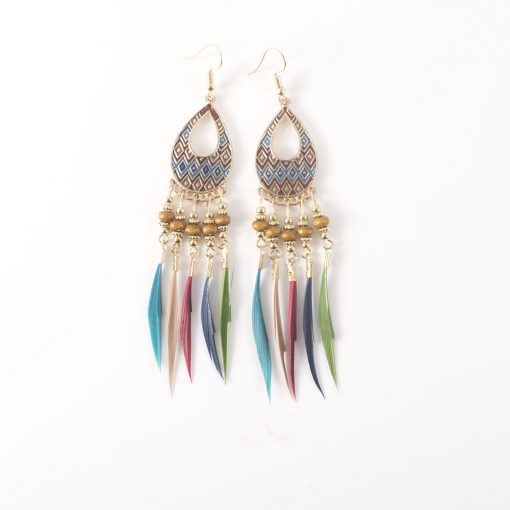 European and American retro ethnic tassel earrings feathers  long earrings alloy color oil jewelry wholesale YHY-064