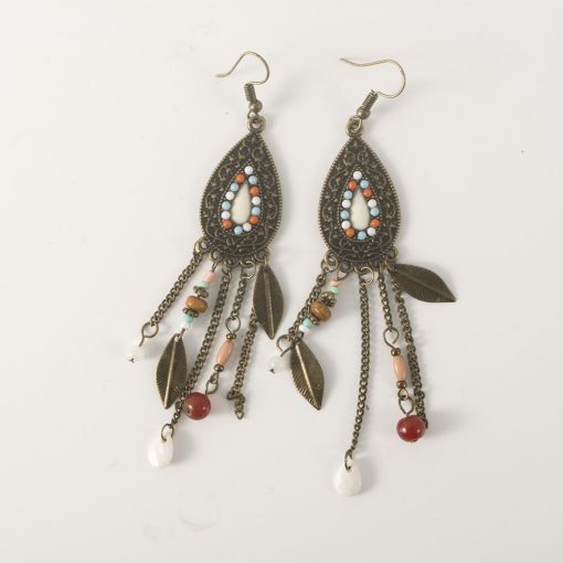 Middle Eastern retro ethnic style jewelry fashion oval leaf earrings exaggerated  rice beads long tassel earrings YHY-062