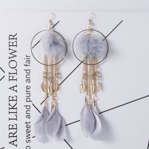 Fashion three-dimensional hair ball earrings long tassel earrings retro temperament alloy leaf feather earrings YHY-053