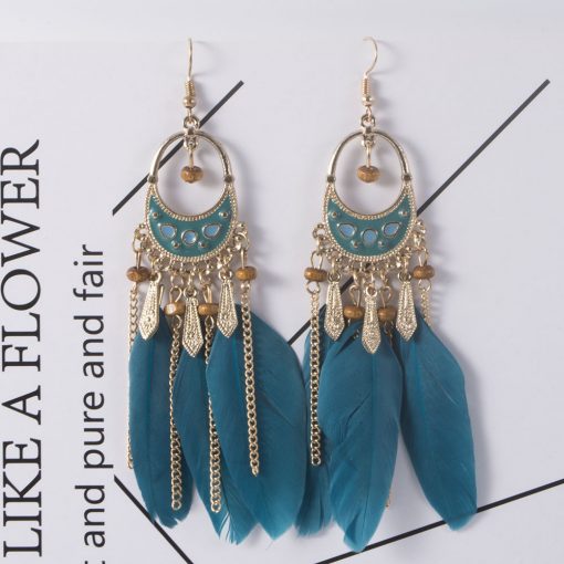 European and American color long earrings retro national wind feather tassel earrings jewelry wholesale YHY-066