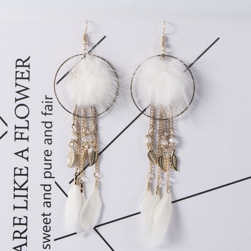 Fashion three-dimensional hair ball earrings long tassel earrings retro temperament alloy leaf feather earrings YHY-053