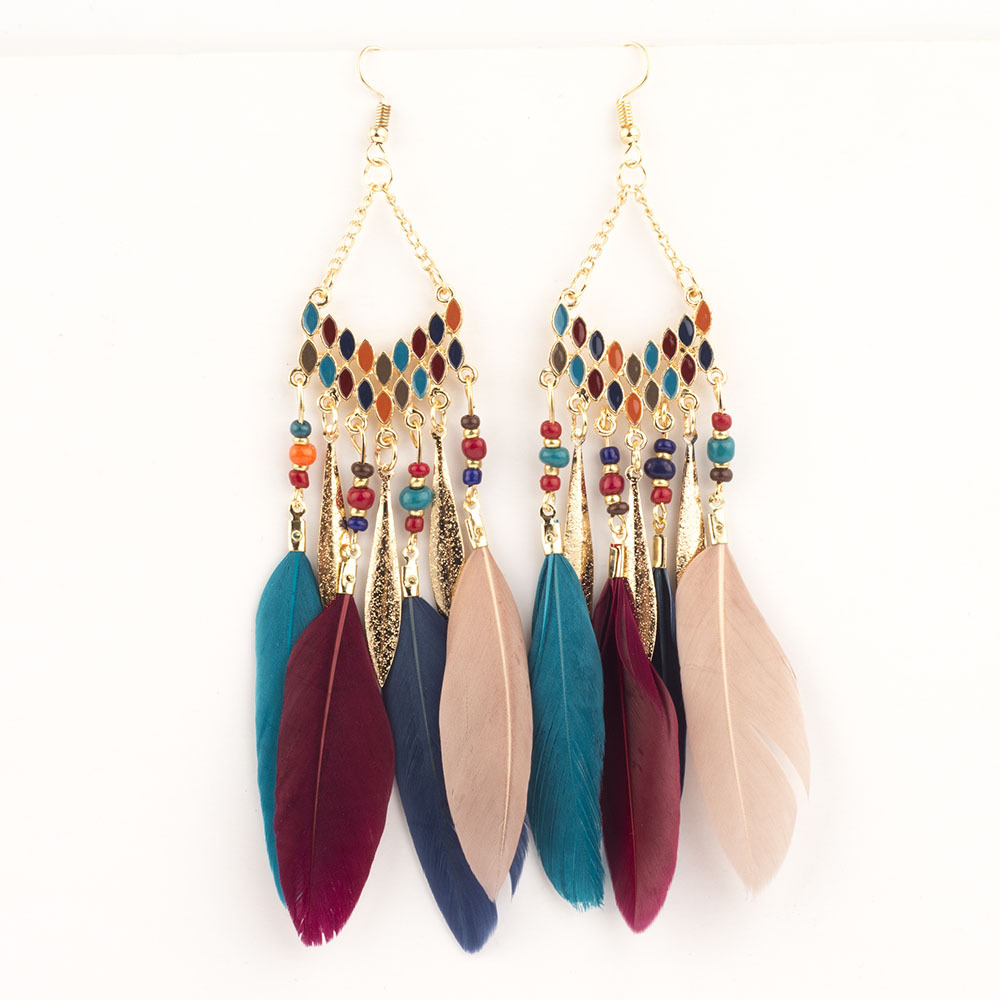 Popular feather tassel earrings bohemian retro rice beads drop oil long ...