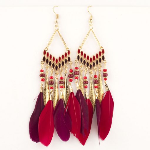 Popular feather tassel earrings bohemian retro rice beads drop oil long earrings handmade earrings YHY-045