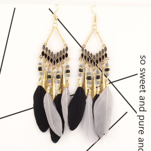 Popular feather tassel earrings bohemian retro rice beads drop oil long earrings handmade earrings YHY-045