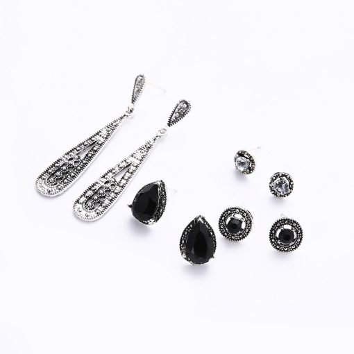 Earrings new bohemian black diamond long retro zircon 4 pairs of earrings  set combination yhy-039