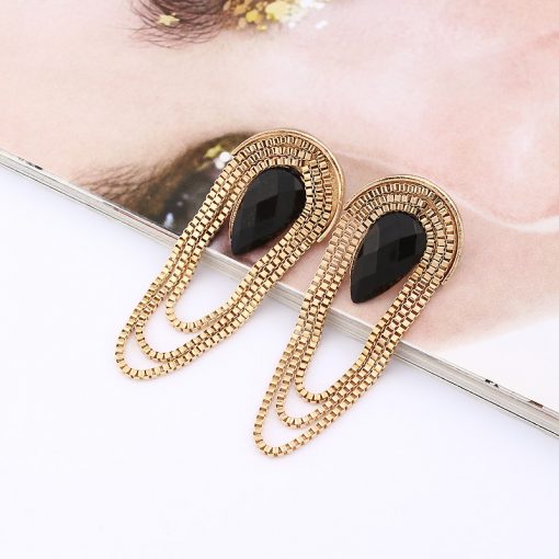 European and American fashion exaggerated retro fan-shaped metal gem tassel earrings wholesale YLX-103