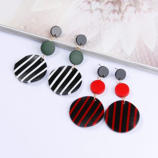 Korean version of the simple and versatile long black and white striped acrylic round earrings tide wooden geometric earrings YLX-026
