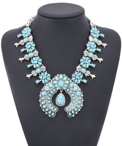 European and American big brand fashion boho turquoise flower pendant alloy necklace come together -004