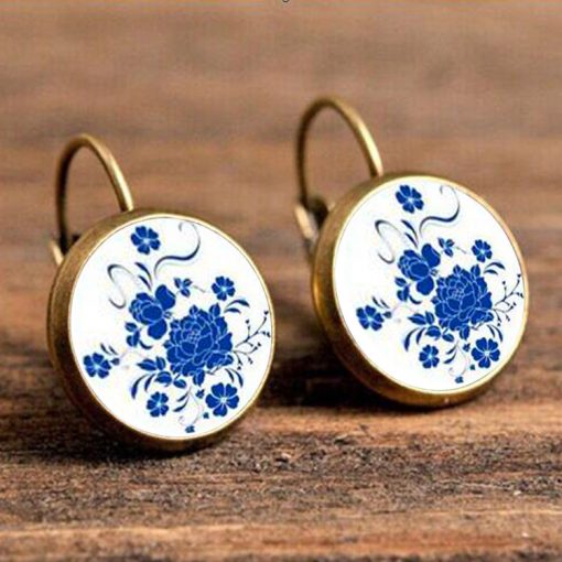 French hook jewelry 18mm time gemstone blue and white porcelain earrings YFT-042