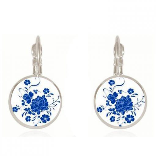 French hook jewelry 18mm time gemstone blue and white porcelain earrings YFT-042