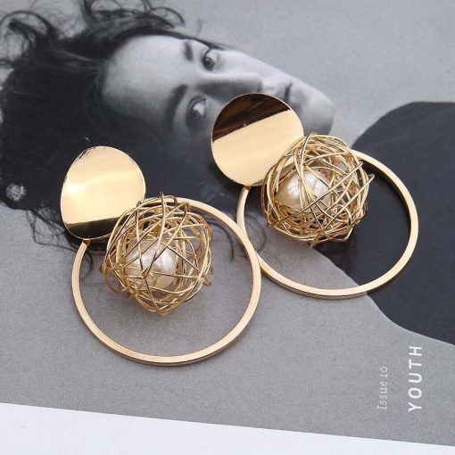 Korea temperament metal round hollow gold wire ball pearl pendant earrings female personality exaggerated earrings ylx-061