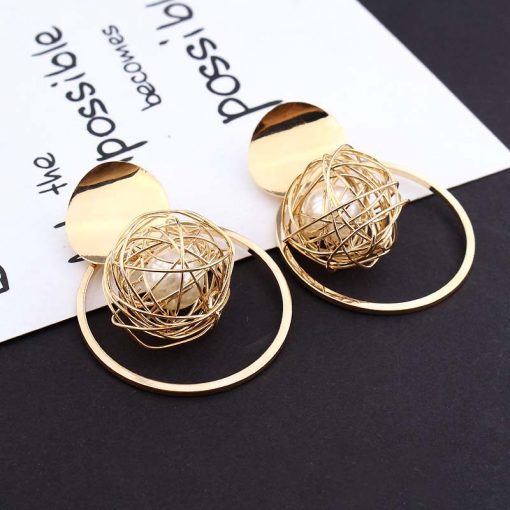 Korea temperament metal round hollow gold wire ball pearl pendant earrings female personality exaggerated earrings ylx-061