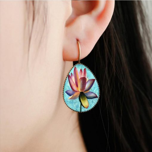 Religious Mandala Flower Time Gem Drop Drop Stud Earrings Vintage French Ear Hook YFT-093