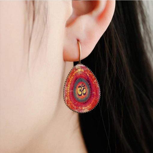 Religious Mandala Flower Time Gem Drop Drop Stud Earrings Vintage French Ear Hook YFT-093