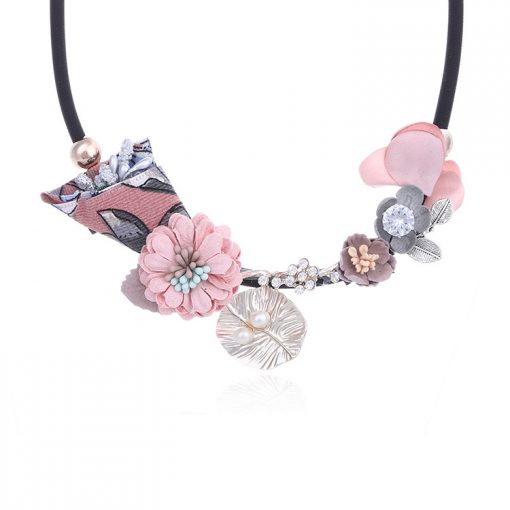 New Printed Fabric Flower Necklace Girl Pearl Rhinestone Exaggerated Jewelry YNR-021