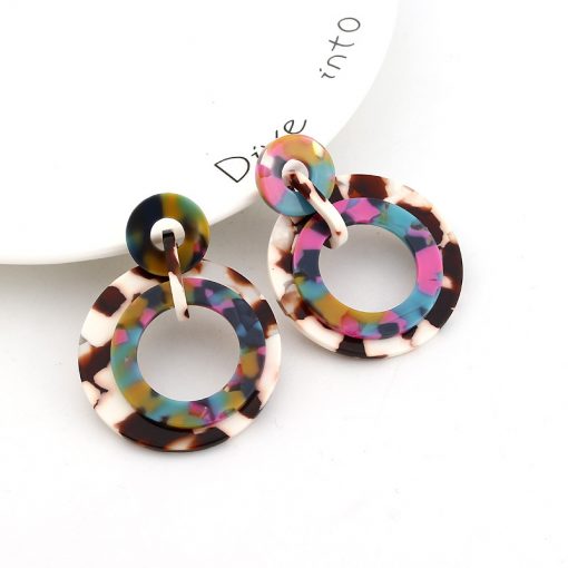 Europe and the United States hot round color granite pattern acetate plate earrings circle pendant women’s earrings YLX-029