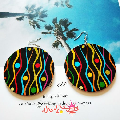 Influx of African personality simple retro wood printing round engraving geometric female earrings SZAX-162