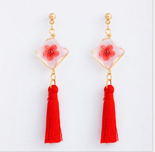 Square fringed daffodil earrings Sen female series fringed dried flower earrings YFT-156