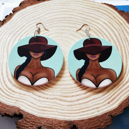Exaggerated African head pattern geometric round wooden earrings SZ-AZX164