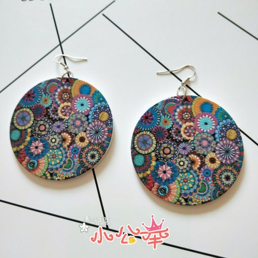 Popular new small floral henna painted wooden earrings SZAX-216