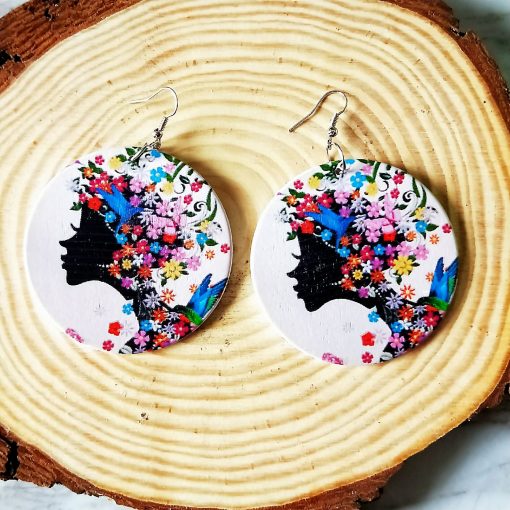 Europe and America Africa retro round printed personality wooden earrings SZAX-180