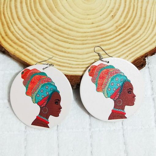 Exaggerated print geometric round painted African head portrait fashion wood earrings SZAX-236