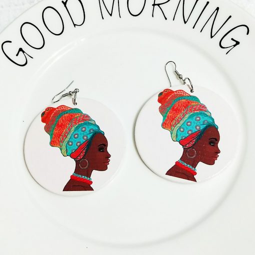 Exaggerated print geometric round painted African head portrait fashion wood earrings SZAX-236