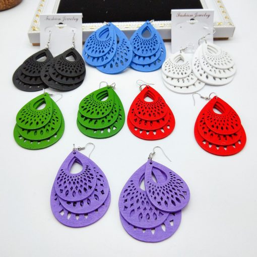 Popular drop-shaped engraving hollow wooden earrings SZAX-193