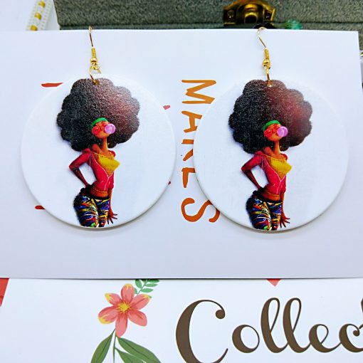African series simple retro print round wooden geometric earrings SZAX-177
