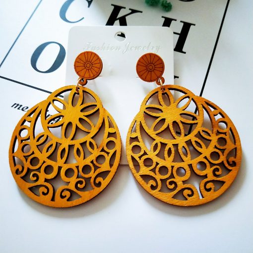 New popular simple retro color hollow round wooden earrings SZAX-232