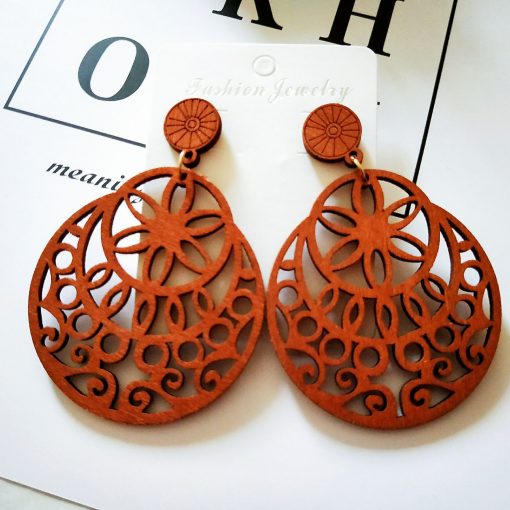 New popular simple retro color hollow round wooden earrings SZAX-232