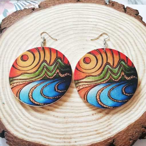 New popular exaggerated printed landscape pattern round wooden earrings SZAX-229