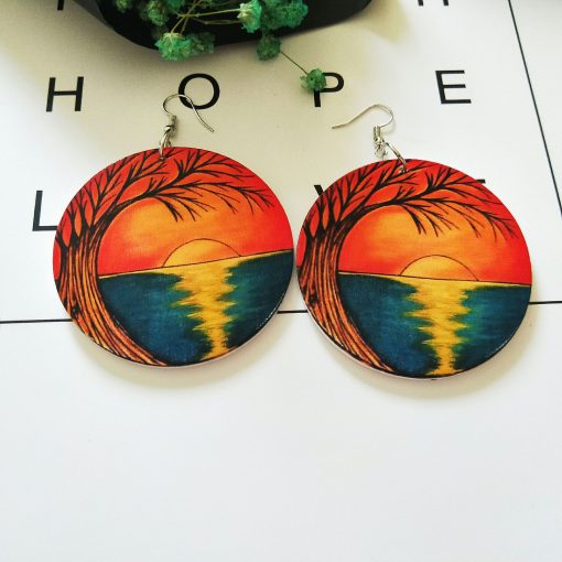 Europe and the United States popular African sunset pattern ultra-light geometric round wood earrings SZAX-265