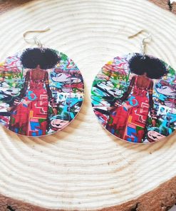 New popular exaggerated printed African image round wooden earrings SZAX-230