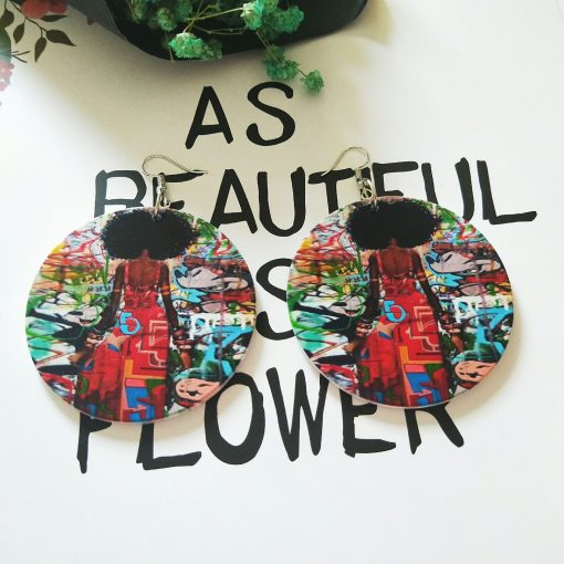 New popular exaggerated printed African image round wooden earrings SZAX-230