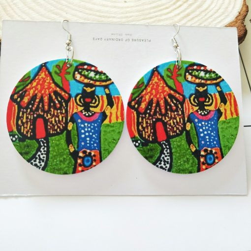 Popular printing African portrait round Fashion ultra light wood earrings SZAX-255