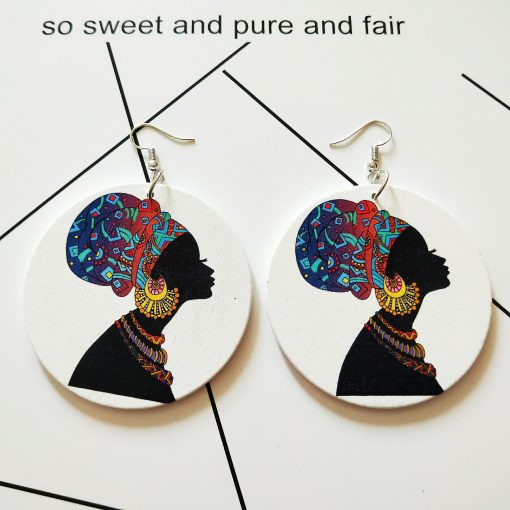 Exaggerated print geometric round painted African head portrait fashion wood earrings SZAX-238