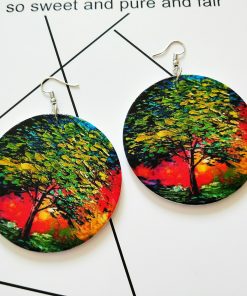 New popular exaggerated print life tree round wooden earrings SZAX-231
