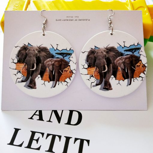 Exaggerated print geometric round painted elephant fashion wood earrings SZAX-236