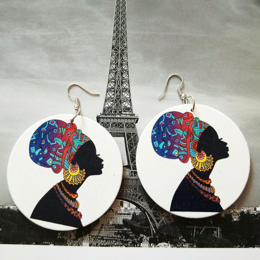 Exaggerated print geometric round painted African head portrait fashion wood earrings SZAX-238