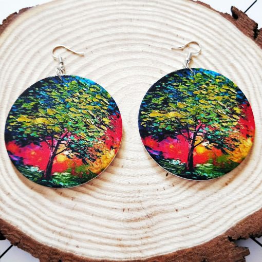 New popular exaggerated print life tree round wooden earrings SZAX-231