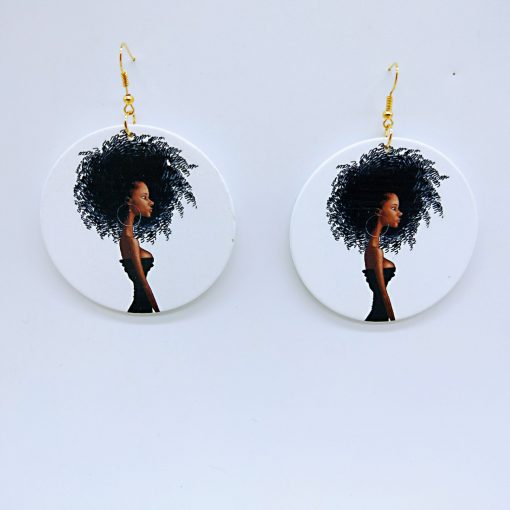 Woman’s African Portrait Simple Vintage Print Round Geometric Wooden Stud Earrings SZAX-273