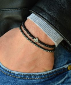 Men’s Black Hematite Cross Set Bracelet, MS-022
